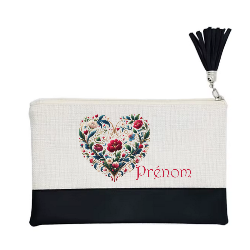 Pochette personnalisée motif cœur fleur en toile et simili cuir personnalisée