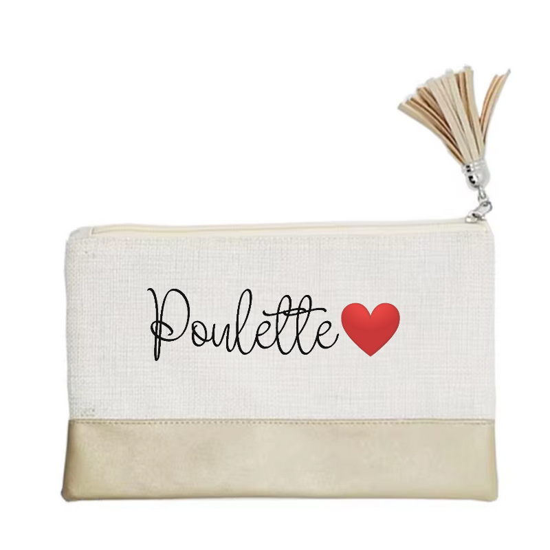 Pochette motif poulette et cœur en toile et simili cuir