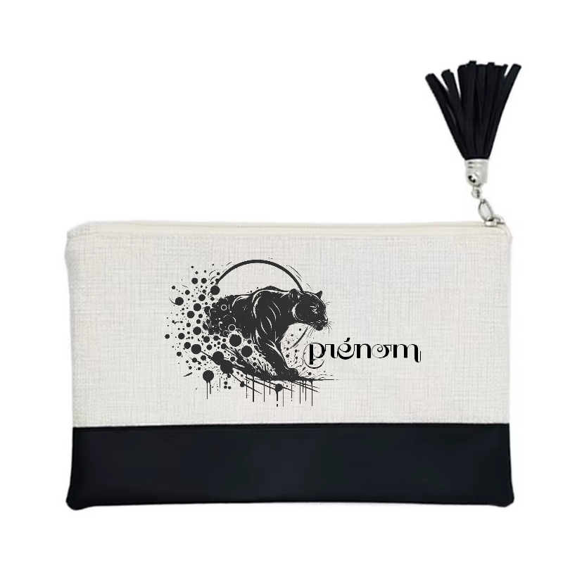 Pochette personnalisée motif panthere black en toile et simili cuir personnalisée