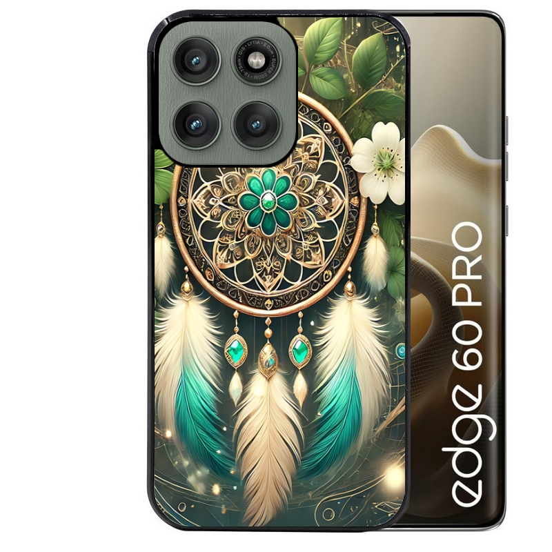Coque noire taperso pour Moto Edge 60 et Neo Fusion Pro avec motif dreamcatcher talisman protection antichoc personnalisée