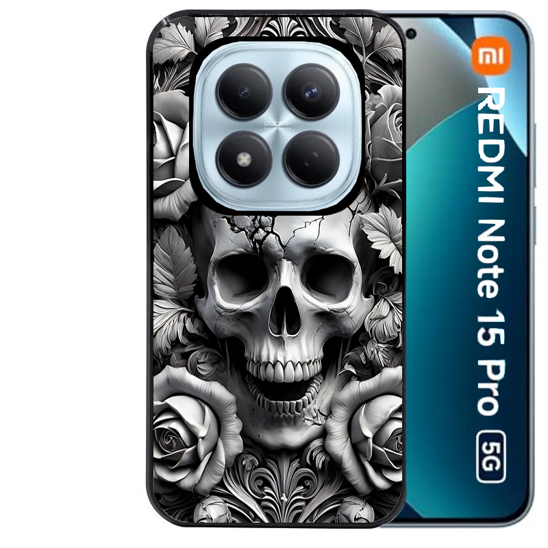 Coque noire taperso pour Redmi Note 15 et PRO PLUS 4G 5G avec motif tete de mort fleur protection antichoc personnalisée