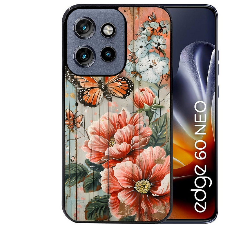 Coque noire taperso pour Moto Edge 60 et Neo Fusion Pro avec motif bois et papillon 3 protection antichoc personnalisée