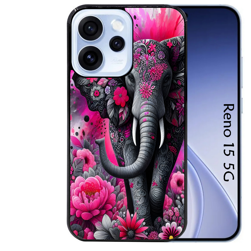 Coque noire taperso pour OPPO Reno 15 et F FS 5G avec motif elephant et fleurs protection antichoc personnalisée