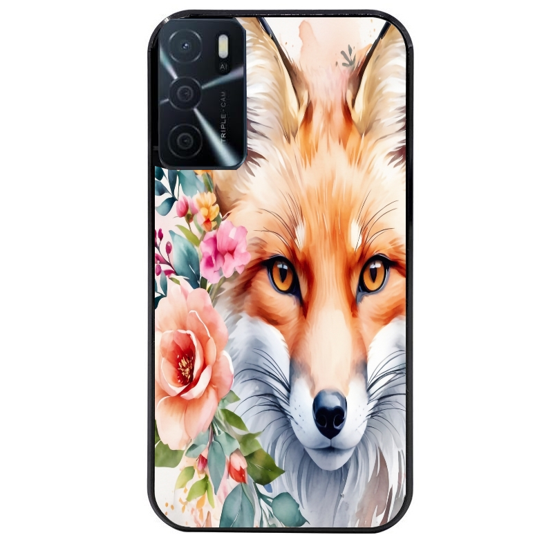 Coque noire taperso pour OPPO A16 et A16S avec motif renard fox et fleurs protection antichoc personnalisée