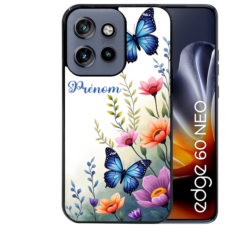 Coque noire taperso pour Moto Edge 60 et Neo Fusion Pro avec motif papillon prenom personnalisee protection antichoc personnalisée