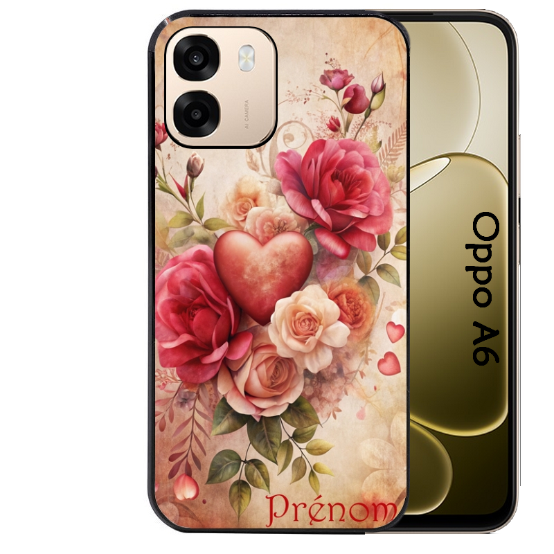 Coque noire taperso pour OPPO A6 A6X 4G et 5G avec motif coeur et fleur personnalisee protection antichoc personnalisée