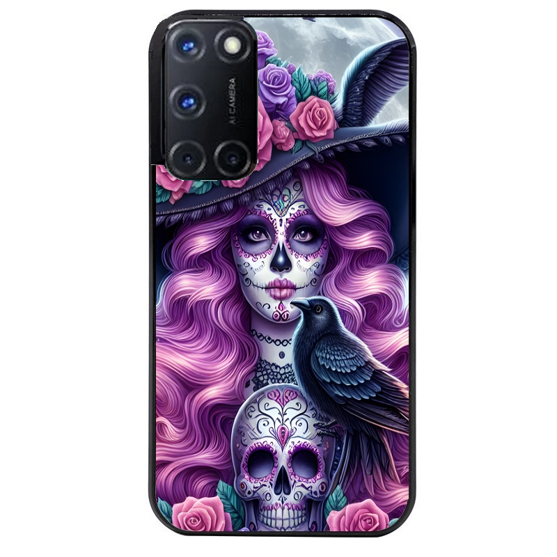 Coque noire taperso pour OPPO Reno 8 LITE avec motif tete de mort calavera et corbeau protection antichoc personnalisée