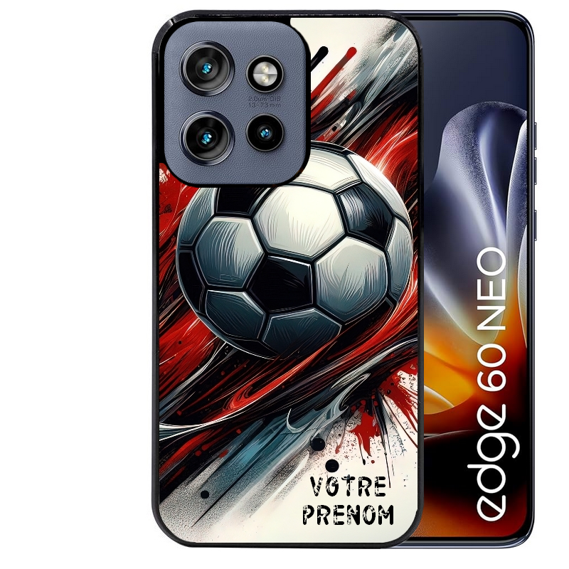 Coque noire taperso pour Moto Edge 60 et Neo Fusion Pro avec motif ballon foot avec prenom protection antichoc personnalisée