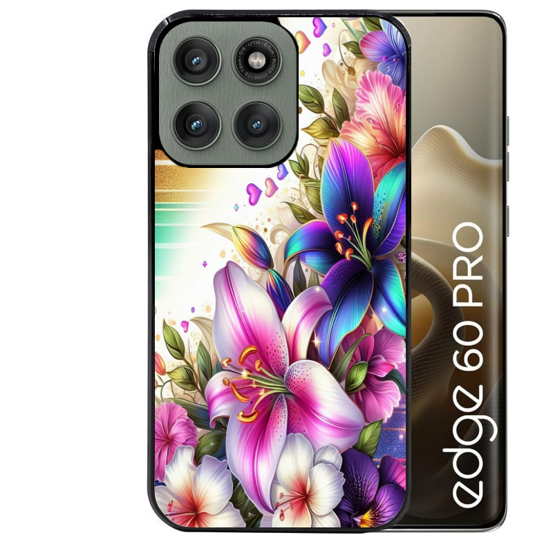 Coque noire taperso pour Moto Edge 60 et Neo Fusion Pro avec motif fleur fluo protection antichoc personnalisée