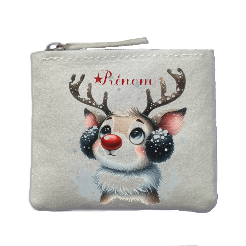 Porte monnaie personnalisé noel renne neige ivoire en feutrine en feutrine ivoire