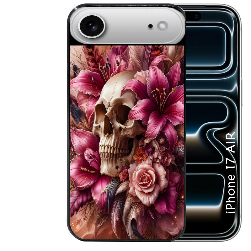 Coque noire taperso pour Iphone 17 17E AIR MAX PRO avec motif tete de mort skull plume protection antichoc personnalisée