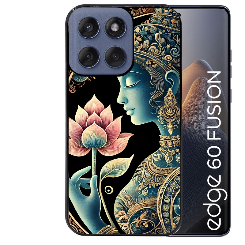 Coque noire taperso pour Moto Edge 60 et Neo Fusion Pro avec motif bouddha et lotus protection antichoc personnalisée