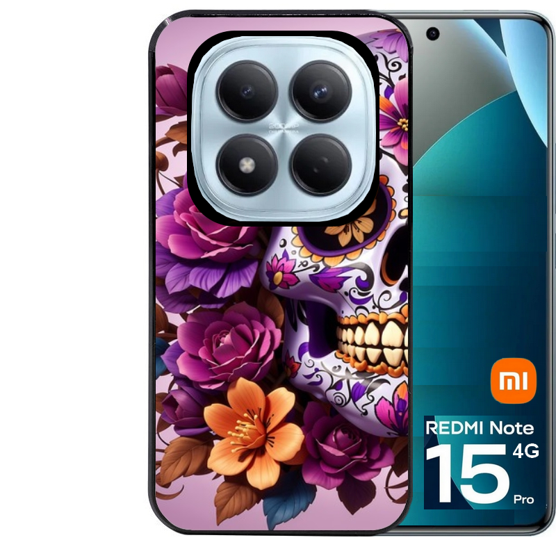 Coque noire taperso pour Redmi Note 15 et PRO PLUS 4G 5G avec motif tete de mort calavera violette protection antichoc personnalisée