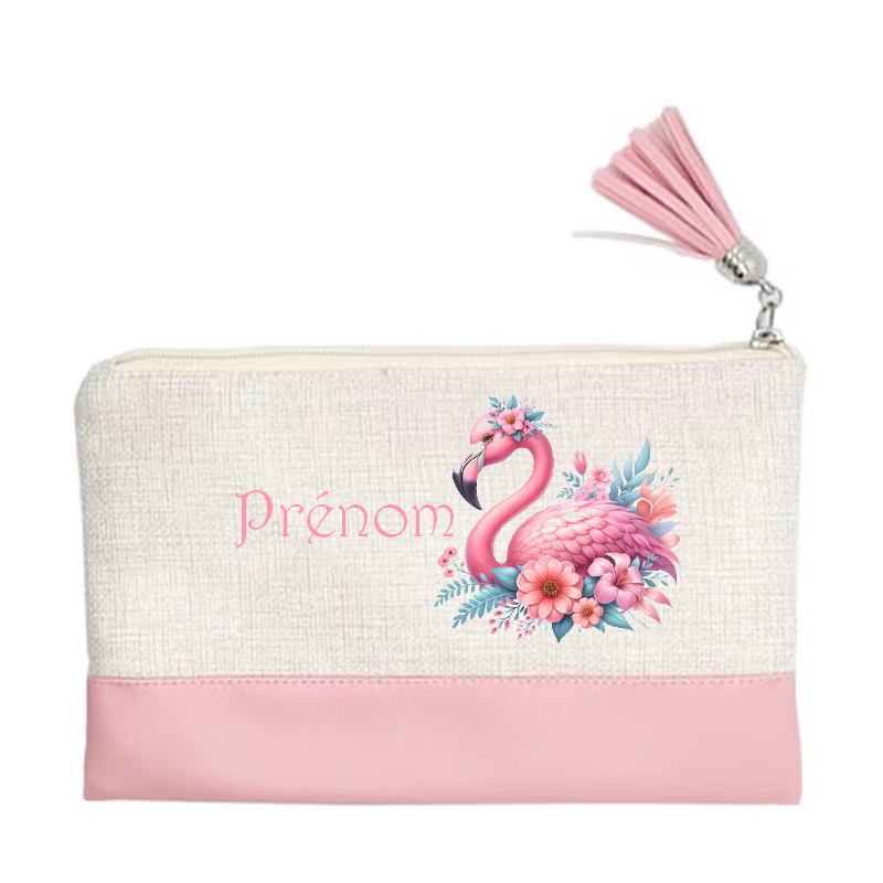 Pochette personnalisée motif flamant fleur en toile et simili cuir personnalisée