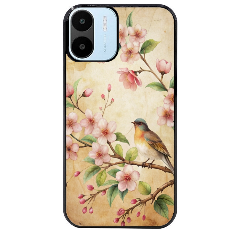 Coque noire taperso pour Redmi A1 et A2 avec motif fleur et colibri protection antichoc personnalisée