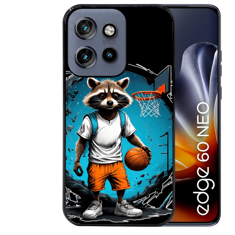 Coque noire taperso pour Moto Edge 60 et Neo Fusion Pro avec motif basket racoon protection antichoc personnalisée