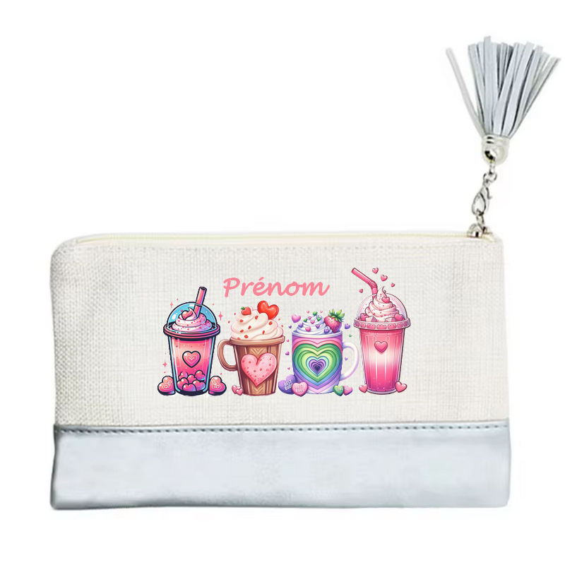 Pochette personnalisée motif bubble tea love en toile et simili cuir personnalisée