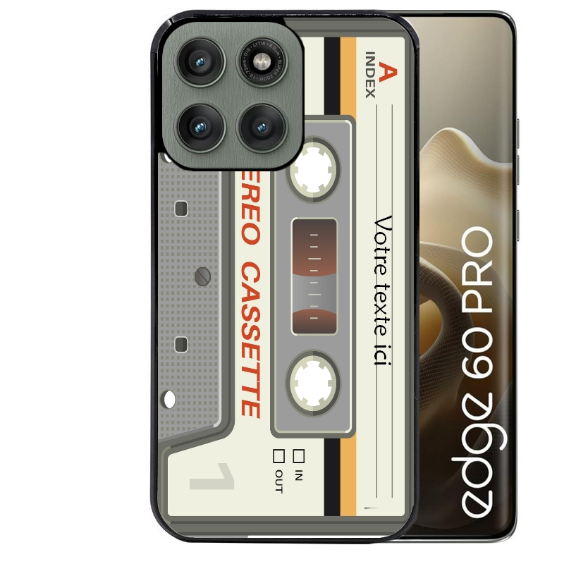 Coque noire taperso pour Moto Edge 60 et Neo Fusion Pro avec motif cassette grise personnalisable protection antichoc personnalisée