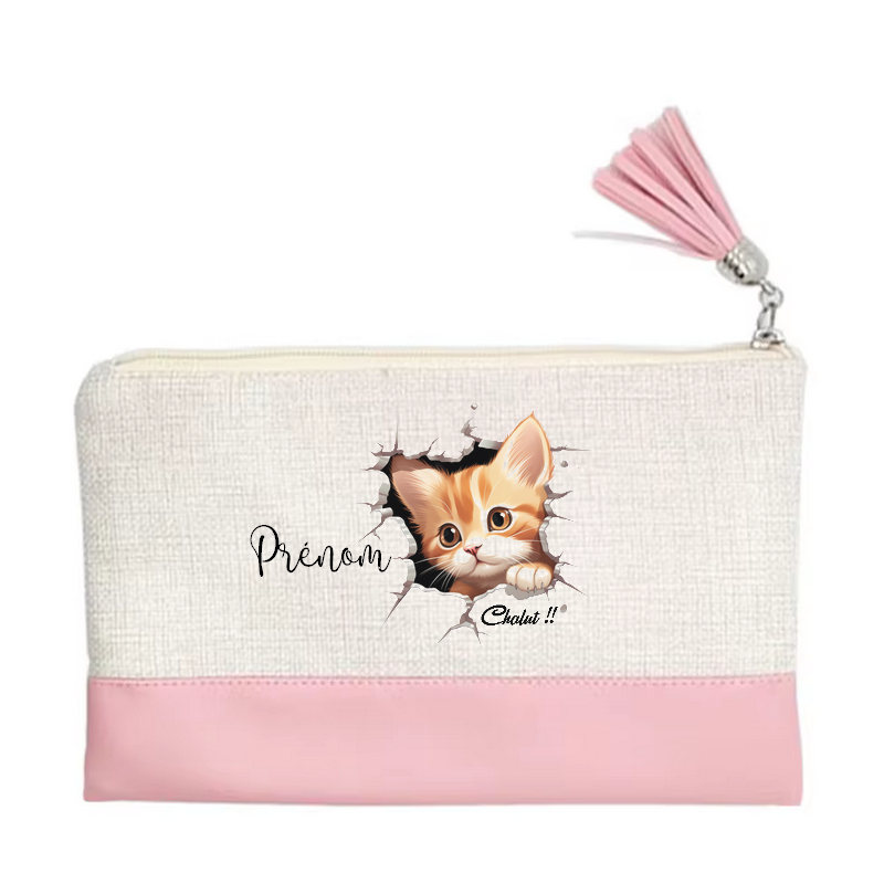 Pochette personnalisée motif chat chalut en toile et simili cuir personnalisée