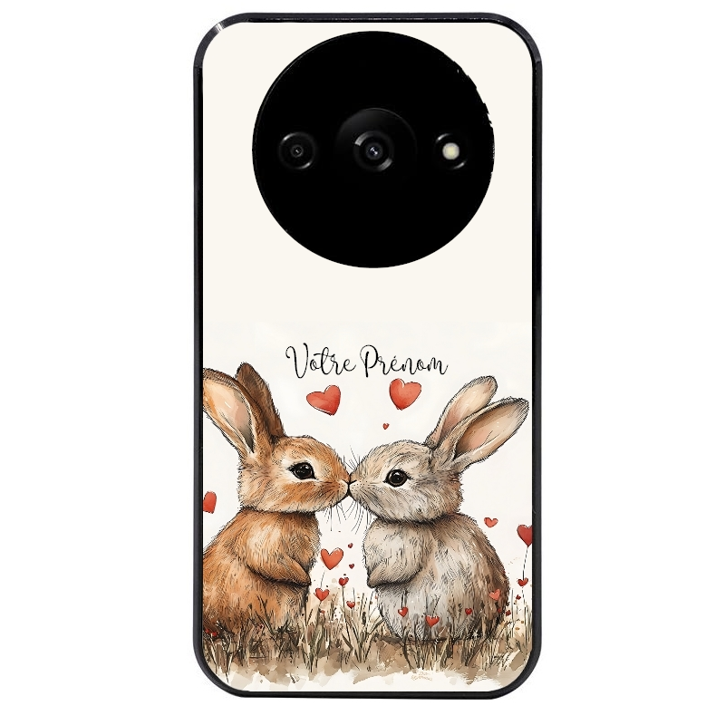 Coque noire taperso pour Redmi A3 avec motif lapin coeur avec prenom protection antichoc personnalisée