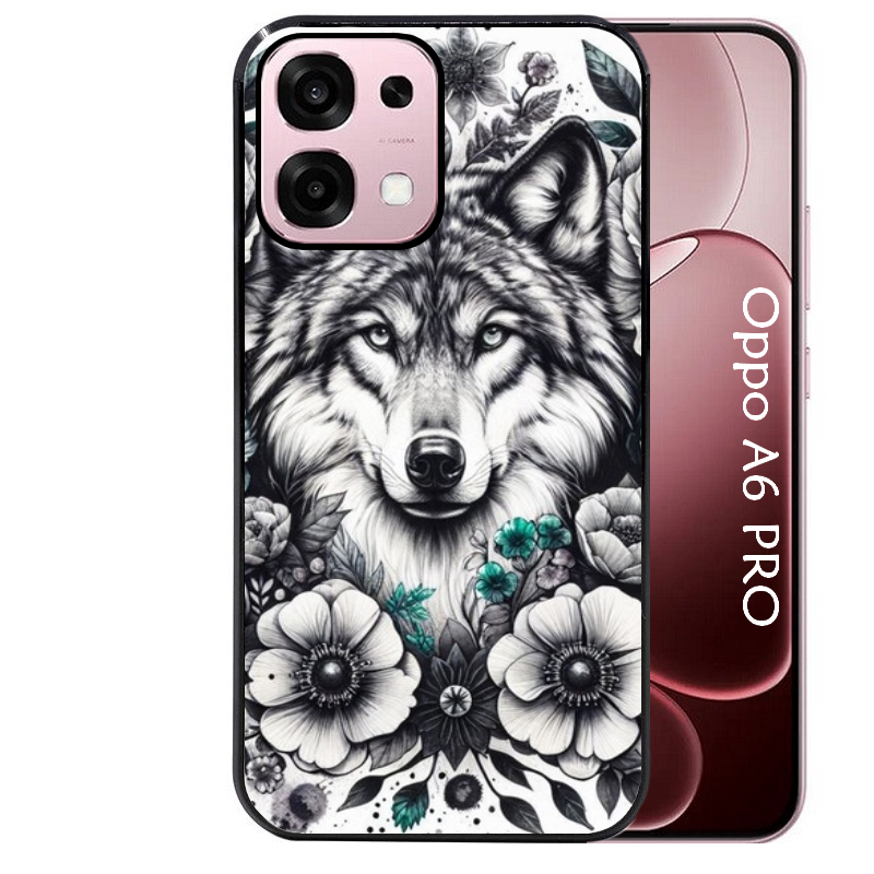 Coque noire taperso pour OPPO A6 PRO 4G et 5G avec motif loup et fleur protection antichoc personnalisée