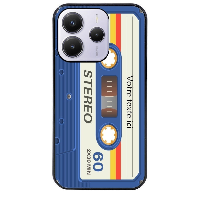 Coque noire taperso pour Redmi Note 14 et PRO PLUS 4G 5G personnalisable avec motif cassette bleu protection antichoc personnalisée