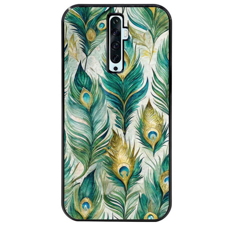 Coque noire taperso pour OPPO Reno 2 et 2Z avec motif paon plumes protection antichoc personnalisée