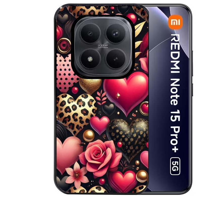 Coque noire taperso pour Redmi Note 15 et PRO PLUS 4G 5G avec motif coeur et leopard protection antichoc personnalisée