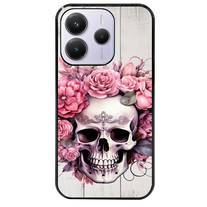 Coque noire taperso pour Redmi Note 14 et PRO PLUS 4G 5G avec motif tete de mort floral protection antichoc personnalisée