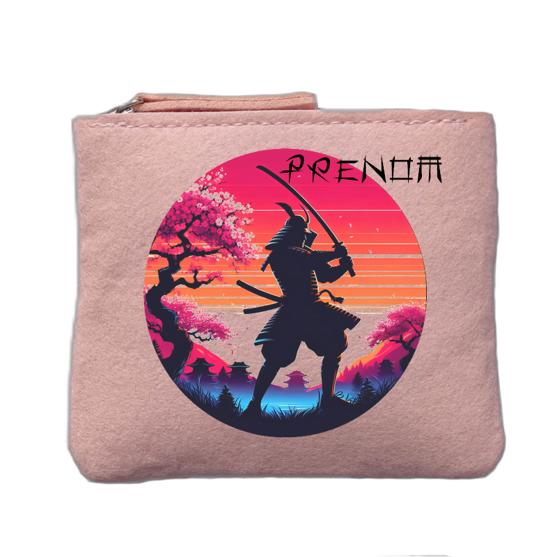 Porte monnaie personnalisé motif samourai katana rose clair en feutrine en feutrine