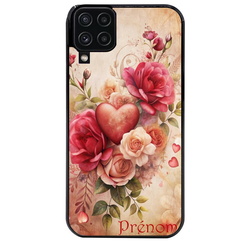 Coque noire taperso pour galaxy A22 A32 A52 A52S 4G 5G  avec motif coeur et fleur personnalisee protection antichoc personnalisée