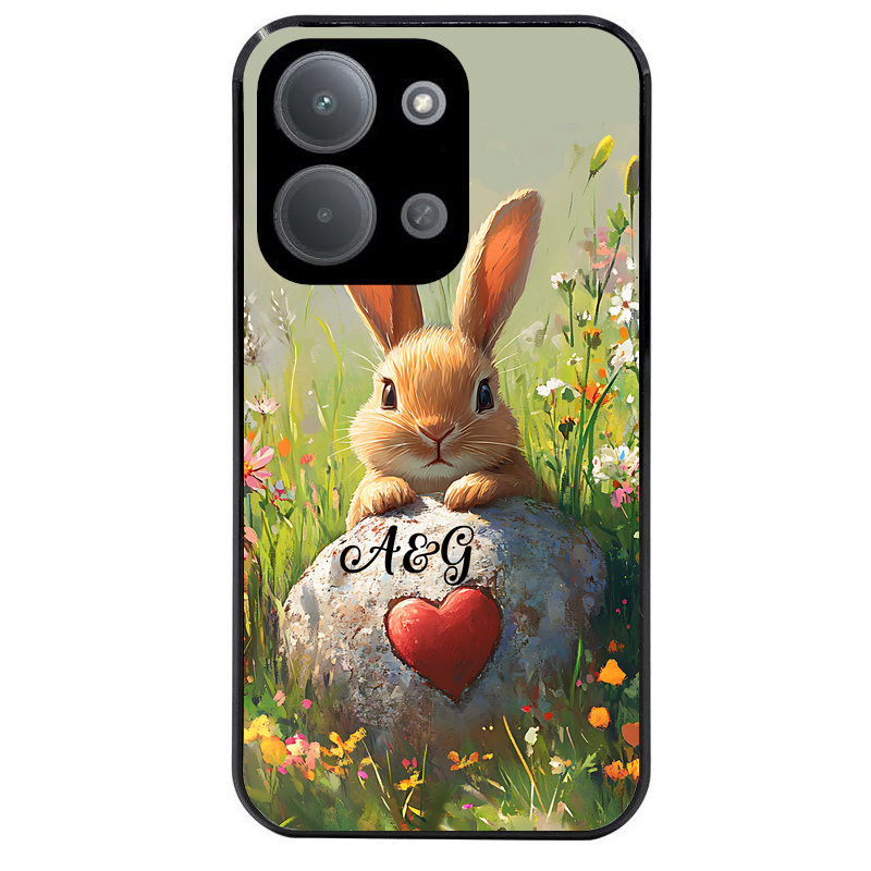 Coque noire taperso pour POCO C85 avec motif lapin et fleurs personnalisee protection antichoc personnalisée