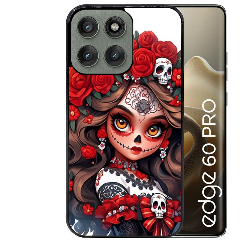 Coque noire taperso pour Moto Edge 60 et Neo Fusion Pro avec motif tete de mort calavera rouge protection antichoc personnalisée