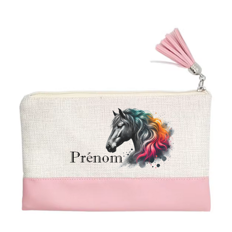Pochette personnalisée motif cheval color en toile et simili cuir personnalisée