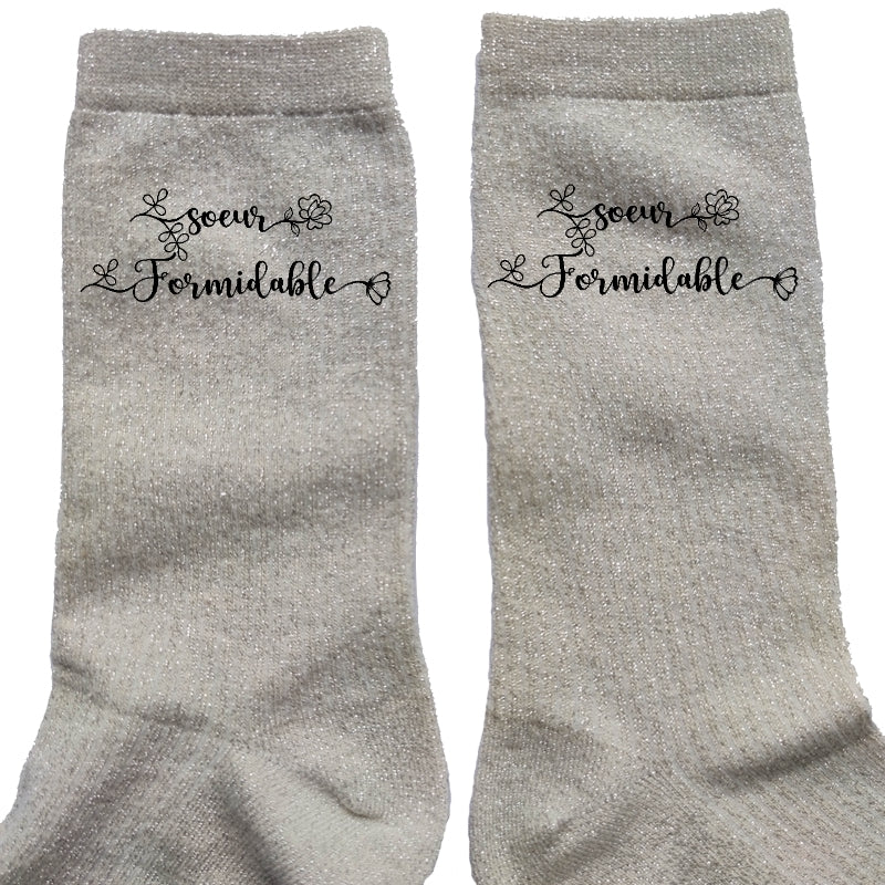 Chaussettes personnalisée paillettes crème motif soeur formidable
