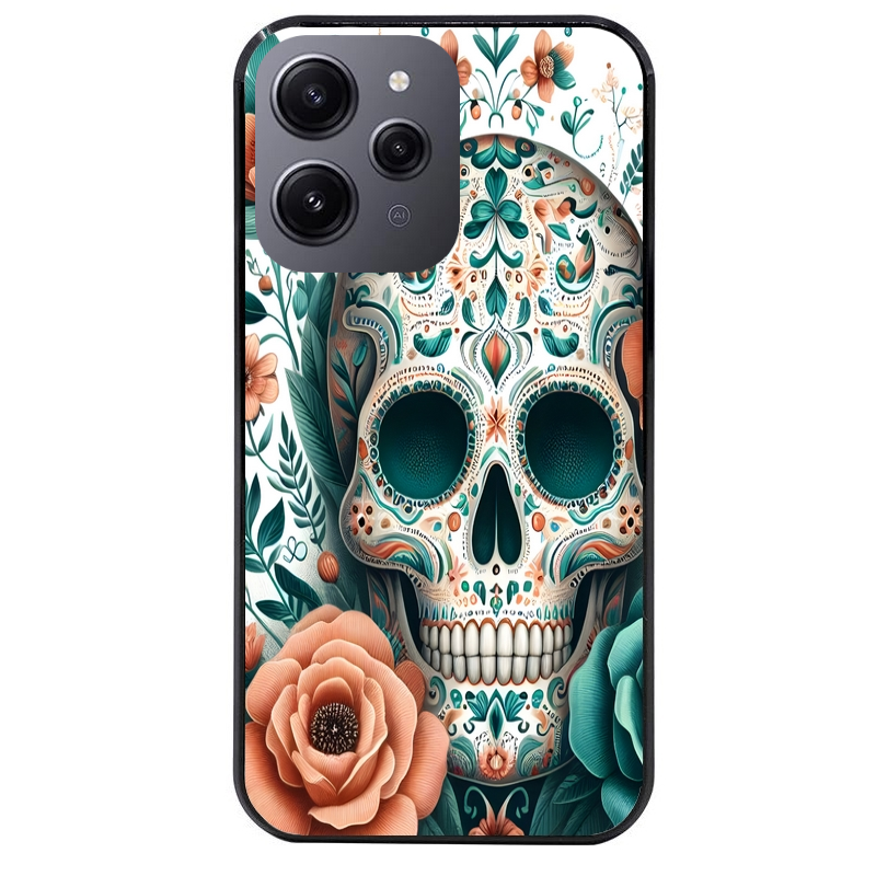Coque noire taperso pour Redmi 12 4G et 5G avec motif mort mexicaine turquoise protection antichoc personnalisée