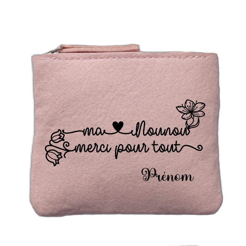 Porte monnaie personnalisé motif nounou merci coeur rose clair en feutrine en feutrine