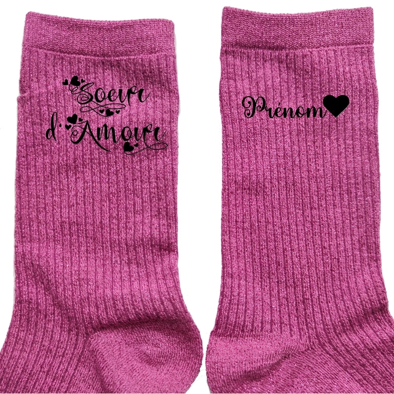 Chaussettes personnalisée paillettes rose motif soeur d'amour