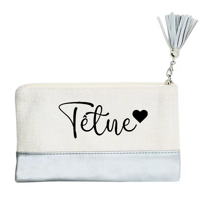 Pochette personnalisée motif votre prénom ou mot petit cœur en toile et simili cuir personnalisée