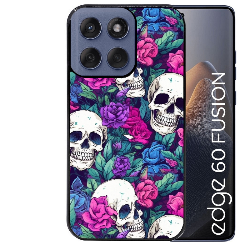 Coque noire taperso pour Moto Edge 60 et Neo Fusion Pro avec motif tete de mort violet protection antichoc personnalisée