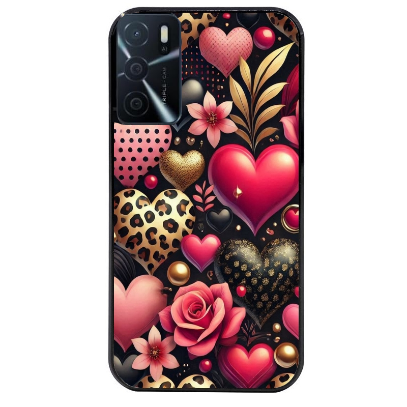Coque noire taperso pour OPPO A16 et A16S avec motif coeur et leopard protection antichoc personnalisée