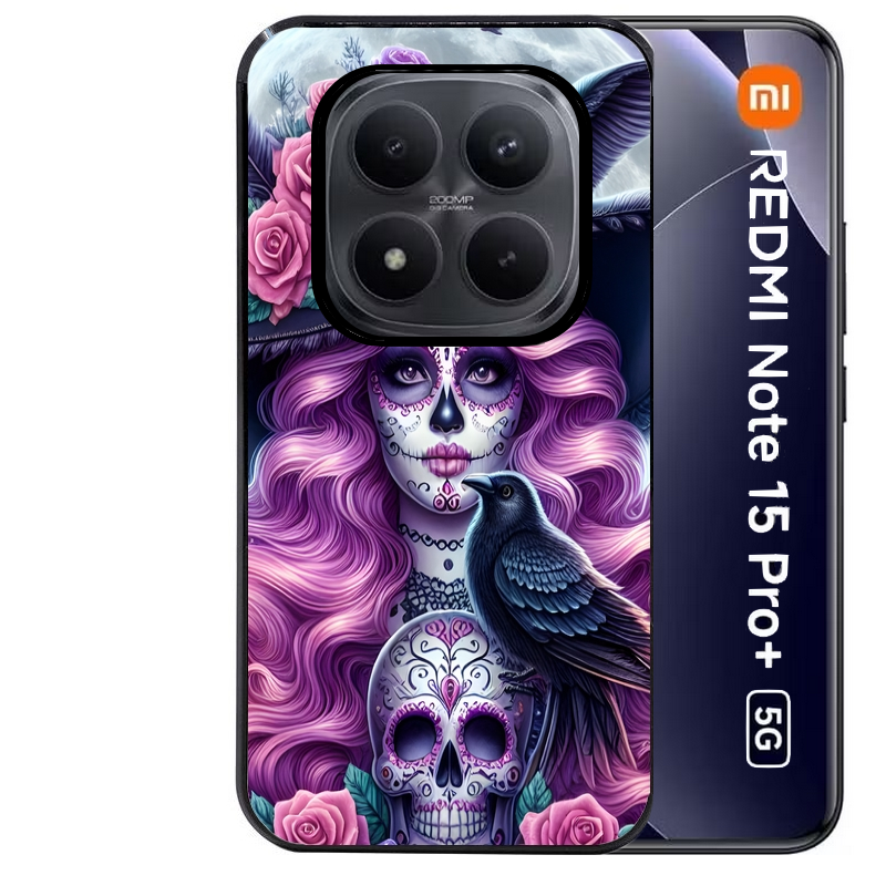 Coque noire taperso pour Redmi Note 15 et PRO PLUS 4G 5G avec motif tete de mort calavera et corbeau protection antichoc personnalisée
