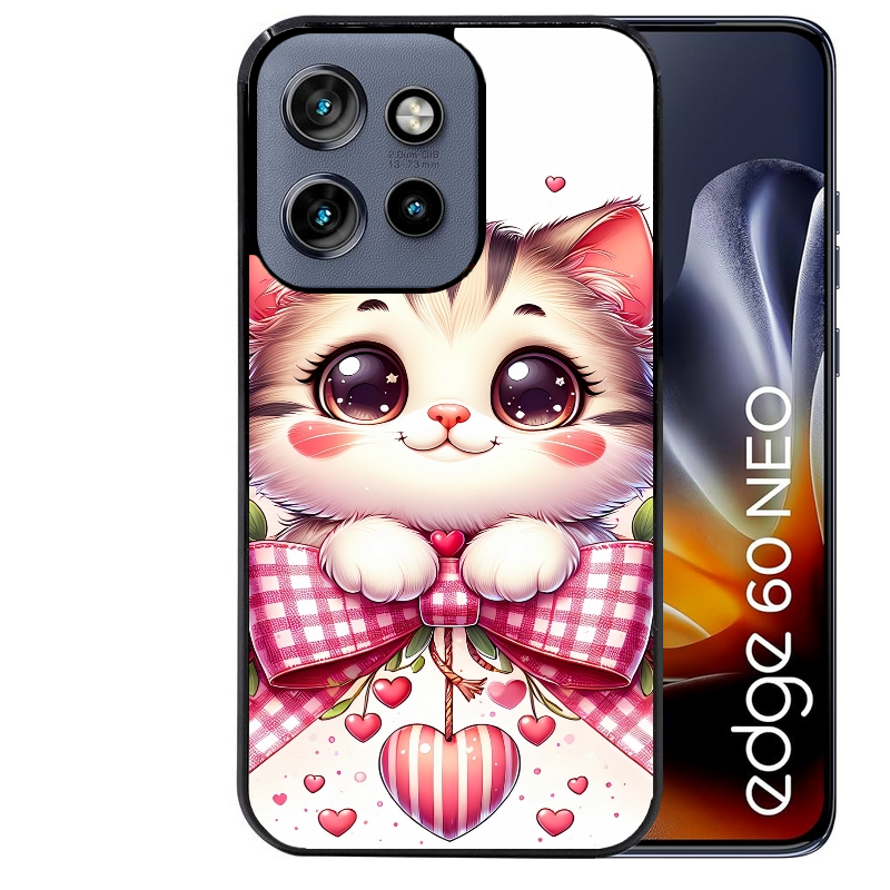 Coque noire taperso pour Moto Edge 60 et Neo Fusion Pro avec motif chat noeud et coeur protection antichoc personnalisée