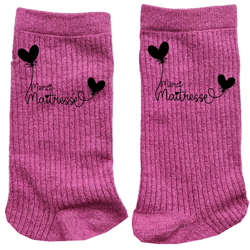 Chaussettes paillettes rose motif maitresse merci