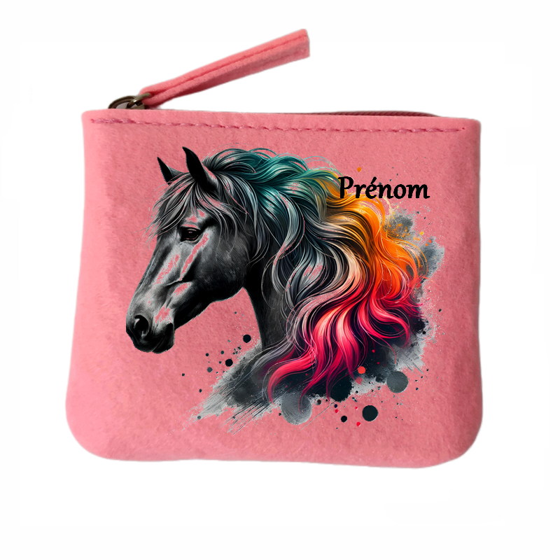 Porte monnaie personnalisé cheval black en feutrine en feutrine