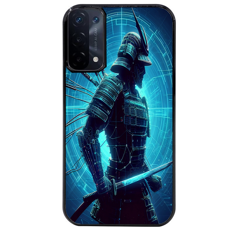 Coque noire taperso pour OPPO A54 et A74 5G avec motif samourai bleu protection antichoc personnalisée