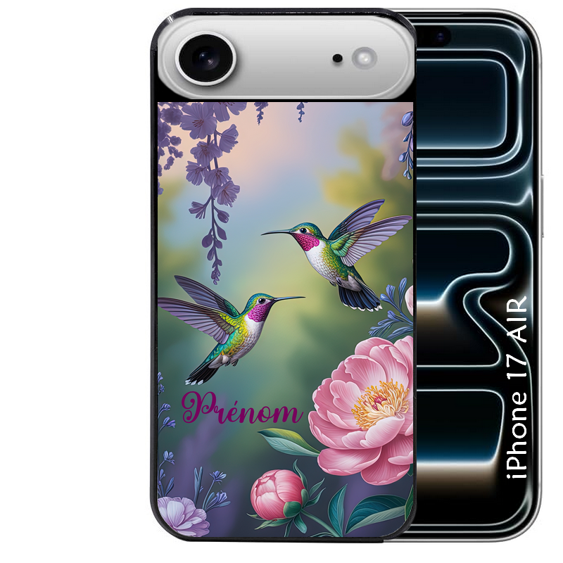 Coque noire taperso pour Iphone 17 17E AIR MAX PRO avec motif colibri couple personnalise protection antichoc personnalisée