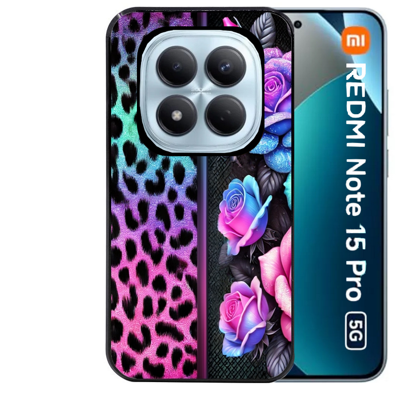 Coque noire taperso pour Redmi Note 15 et PRO PLUS 4G 5G avec motif leopard et fleur protection antichoc personnalisée