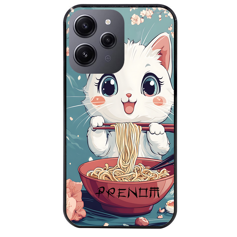 Coque noire taperso pour Redmi 12 4G et 5G avec motif chat ramen cerisier protection antichoc personnalisée