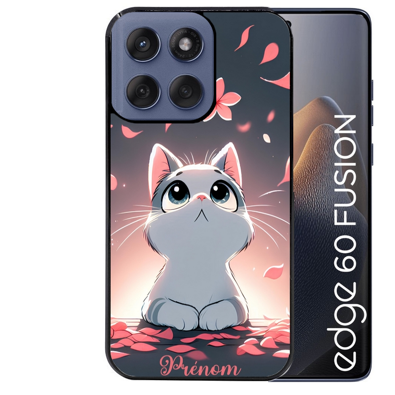 Coque noire taperso pour Moto Edge 60 et Neo Fusion Pro avec motif chat anime avec votre prenom protection antichoc personnalisée